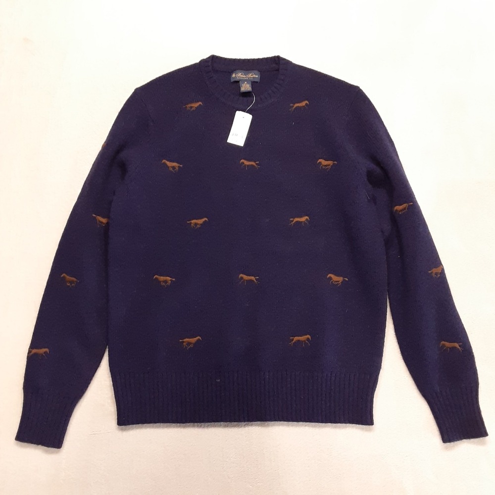 Brooks Brothers Mens Embroidered Horse Motif Crewneck Sweater Med Navy Lambswool